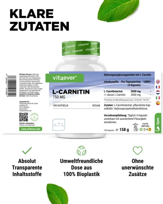 Vit4ever <br>L-Carnitin - 180 Kapseln – Bild 2