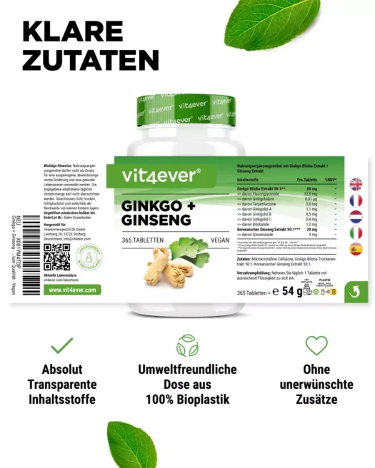 Vit4ever <br>Ginkgo + Ginseng - 365 Tabletten – Bild 2