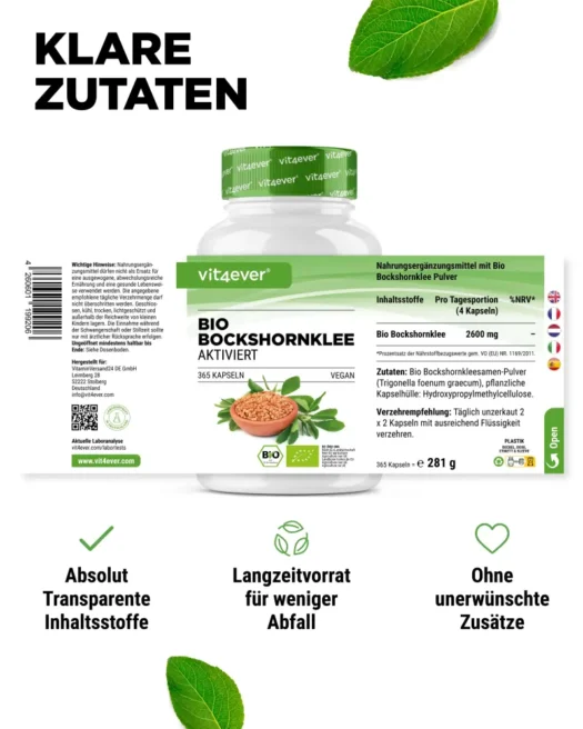Vit4ever <br>Bio Bockshornklee, aktiviert - 365 Kapseln – Bild 2