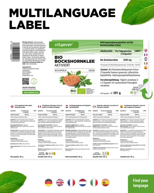 Vit4ever <br>Bio Bockshornklee, aktiviert - 365 Kapseln – Bild 3