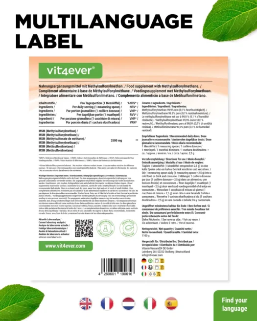 Vit4ever <br>MSM (Methylsulfonylmethan) - 1100 g – Bild 3