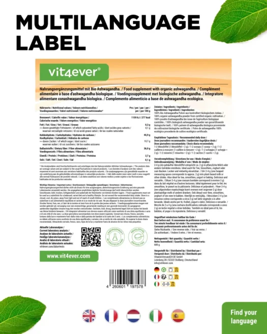 Vit4ever <br>Bio Ashwagandha - 600 g – Bild 3