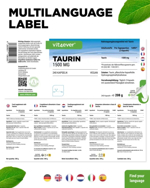 Vit4ever <br>Taurin - 240 Kapseln – Bild 3
