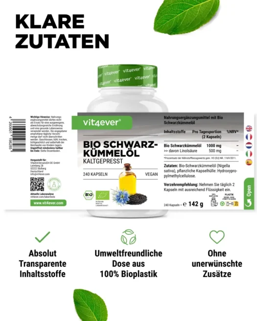 Vit4ever <br>Bio Schwarzkümmelöl - 240 Kapseln – Bild 2