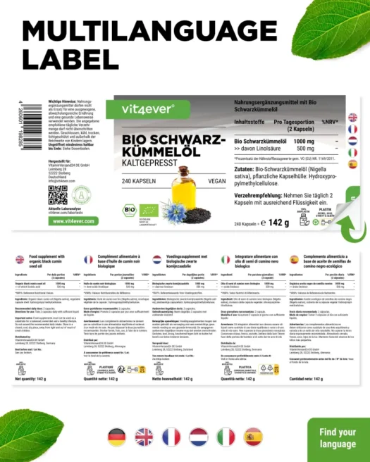 Vit4ever <br>Bio Schwarzkümmelöl - 240 Kapseln – Bild 3