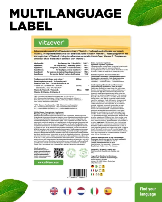 Vit4ever <br>OPC Traubenkernextrakt + Vitamin C - 300 g – Bild 3